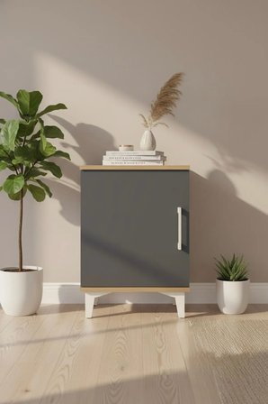 Luna Komodin Çam-Antrasit Tek Kapaklı Raflı 44x44x64 Cm - Kare Komodin - Antre - Mini Dolap - Sehpa - Salon - Yatak Odası