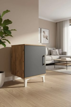 Luna Komodin Çam-Antrasit Tek Kapaklı Raflı 44x44x64 Cm - Kare Komodin - Antre - Mini Dolap - Sehpa - Salon - Yatak Odası