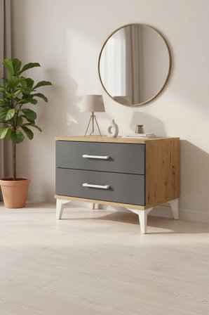 Luna 2 Çekmeceli Komodin: Şık Çam-Antrasit Tasarım 44x44x48 cm - Mini Dolap - Sehpa - Salon - Yatak Odası - Antre