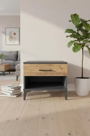 Luna Komodin 60x44x48 Antrasit-Çam: Şık ve Fonksiyonel Yatak Odası Mobilyası