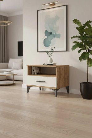 Luna Komodin: 1 Çekmeceli & Raflı, Çam-Aytaşı Tasarım, 60x44x48 - Mini Dolap - Sehpa - Salon - Yatak Odası - Antre