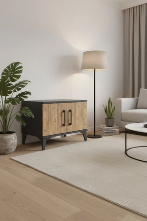 Luna Antrasit-Çam Komodin: 2 Kapaklı, Raflı, Modern Tasarım | 60x44x48cm - Mini Dolap - Sehpa - Salon - Yatak Odası - Antre - Balkon
