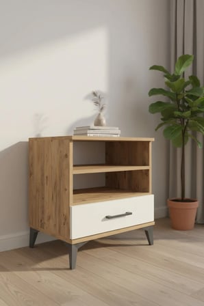 Luna Komodin: 1 Çekmeceli, 2 Raflı (60x44x64cm) Çam-Aytaşı Modern Tasarım - Mini Dolap