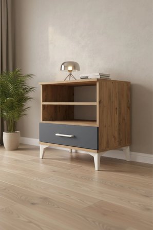 Luna Komodin 2 Raflı 1 Çekmeceli Çam-Antrasit 60x44x64 - Şık ve Fonksiyonel Saklama Çözümü - Mini Dolap - Sehpa - Salon - Yatak Odası - Antre - Kitaplık