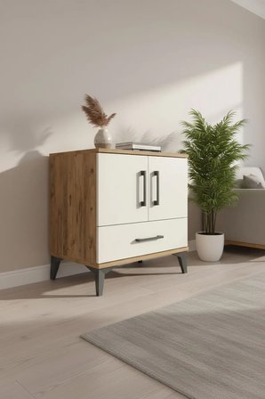 Luna Komodin: 2 Raflı, Tek Çekmeceli, 2 Kapaklı Çam-Aytaşı | Şık Depolama - Mini Dolap - Büfe - Antre - Balkon - Sehpa - Salon - Yatak Odası