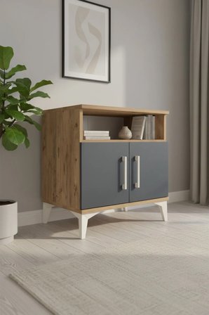 Luna Komodin 2 Raflı 2 Kapaklı 60x44x64 Çam-Antrasit: Şık ve Fonksiyonel - Mini Dolap - Sehpa - Salon - Yatak Odası - Antre - Kitaplık - Büfe