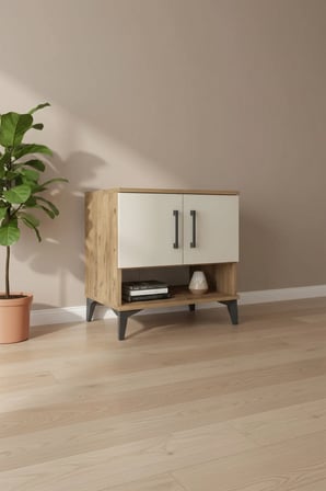 Luna Komodin: 2 Raflı, 2 Kapaklı, Çam & Aytaşı Renkli - 60x44x64 - Mini Dolap - Yatak Odası - Salon - Sehpa