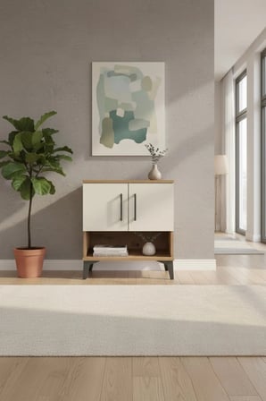 Luna Komodin: 2 Raflı, 2 Kapaklı, Çam & Aytaşı Renkli - 60x44x64 - Mini Dolap - Yatak Odası - Salon - Sehpa