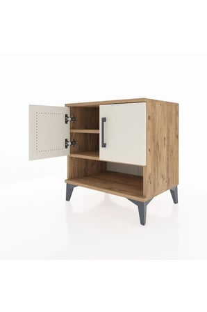 Luna Komodin: 2 Raflı, 2 Kapaklı, Çam & Aytaşı Renkli - 60x44x64 - Mini Dolap - Yatak Odası - Salon - Sehpa
