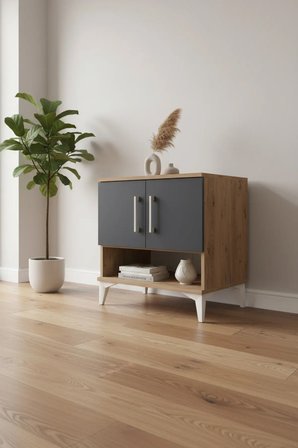 Luna Komodin 2 Raflı 2 Kapaklı 60x44x64 Çam-Antrasit | Modern Yatak Odası Mobilyası