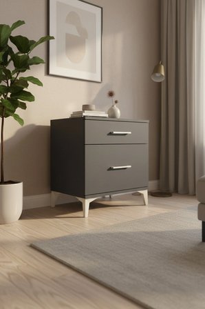 Luna Komodin 2 Çekmeceli Antrasit - 60x44x64 cm | Modern Yatak Odası - Salon - Mini Dolap - Büfe - Balkon - Sehpa - Antre