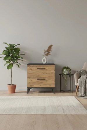 Luna Komodin 2 Çekmeceli 60x44x64 Antrasit-Çam | Modern Yatak Odası - Büfe - Konsol - Gümüşlük - Mini Dolap - Balkon - Salon - Ofis - Banyo Mobilyası