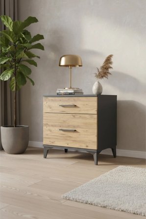 Luna Komodin 2 Çekmeceli 60x44x64 Antrasit-Çam | Modern Yatak Odası - Büfe - Konsol - Gümüşlük - Mini Dolap - Balkon - Salon - Ofis - Banyo Mobilyası