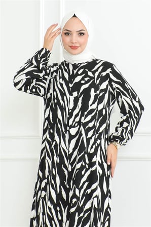 Zebra Desen Tesettür Elbise SİYAH