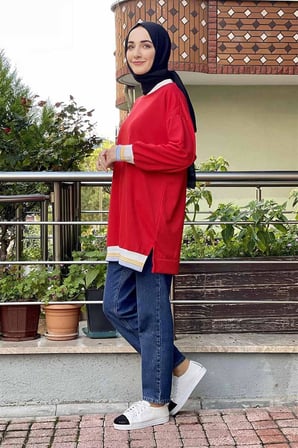 Ribana Çizgili Sweat KIRMIZI