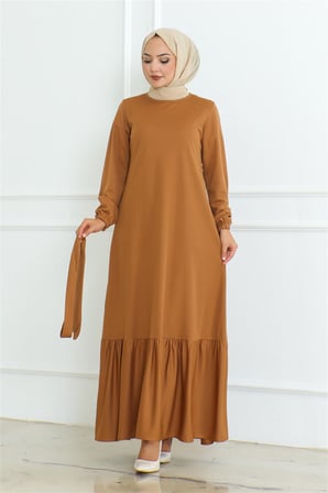 Eteği Fırfırlı Tesettür Elbise CAMEL