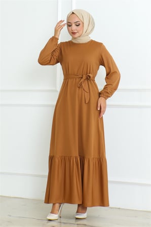 Eteği Fırfırlı Tesettür Elbise CAMEL