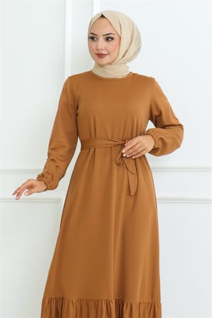 Eteği Fırfırlı Tesettür Elbise CAMEL