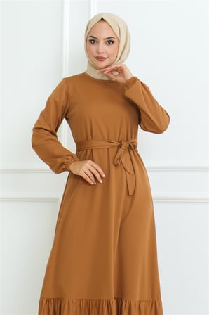 Eteği Fırfırlı Tesettür Elbise CAMEL