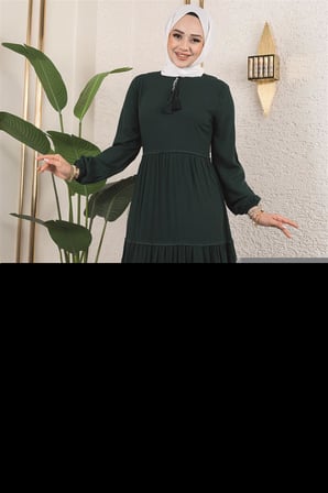 Püskül Detaylı Elbise ZÜMRÜT YEŞİLİ