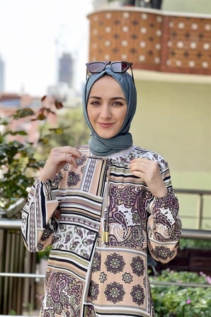 A Pileli Desenli Elbise VİZON