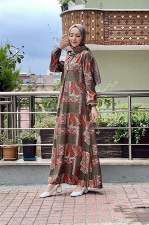 Desenli Tesettür Elbise HAKİ