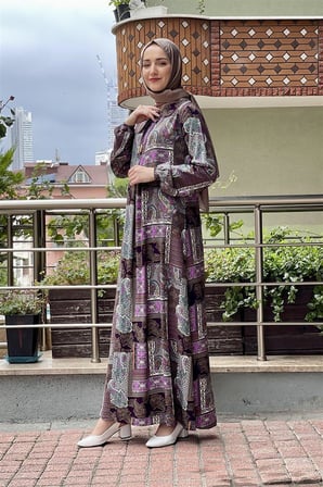 Desenli Tesettür Elbise LİLA
