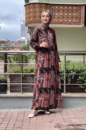 Desenli Tesettür Elbise SİYAH