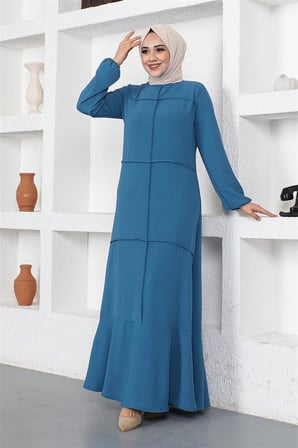 Dikiş Detaylı Model Elbise İNDİGO