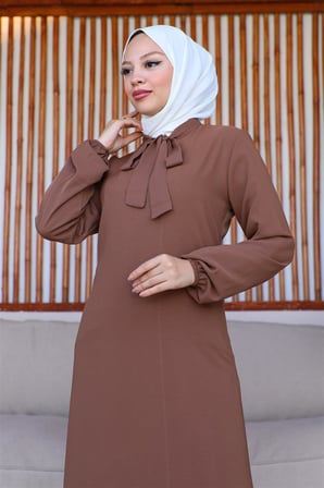 Tesettür Model Elbise KAHVERENGİ
