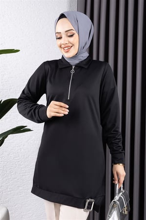 Yarım Fermuarlı Spor Tunik SİYAH