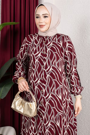 Desenli Boydan Düğmeli Tunik BORDO