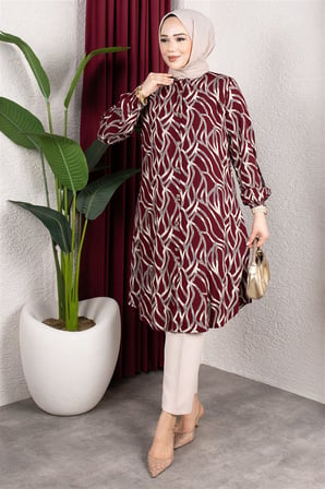 Desenli Boydan Düğmeli Tunik BORDO