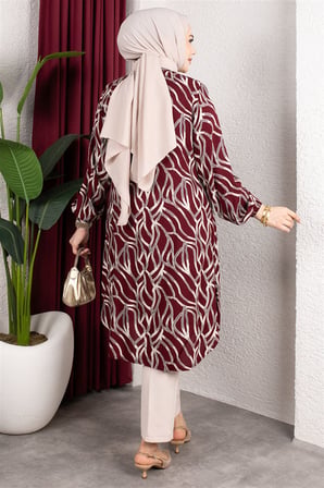 Desenli Boydan Düğmeli Tunik BORDO