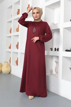 Kolyeli Bisiklet Yaka Tesettür Elbise BORDO