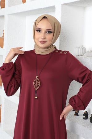 Kolyeli Bisiklet Yaka Tesettür Elbise BORDO