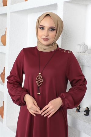 Kolyeli Bisiklet Yaka Tesettür Elbise BORDO