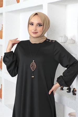 Kolyeli Bisiklet Yaka Tesettür Elbise SİYAH