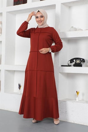 Dikiş Detaylı Elbise KİREMİT