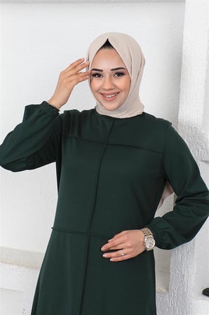 Dikiş Detaylı Elbise ZÜMRÜT YEŞİLİ