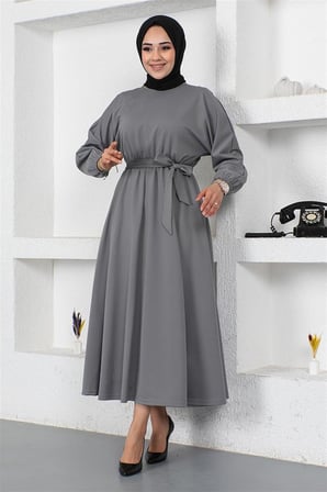 Beli Büzgülü Kemerli Elbise GRİ