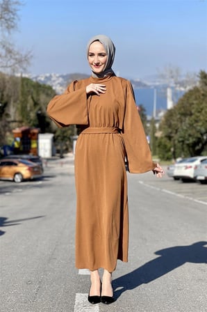 Belden Bağlamalı Elbise TABA