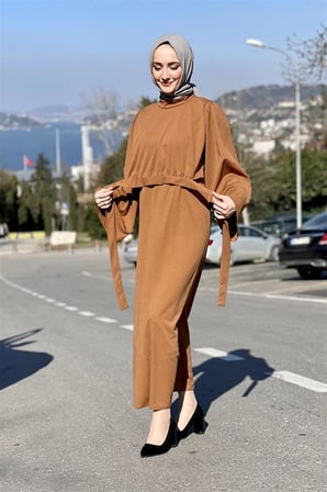 Belden Bağlamalı Elbise TABA