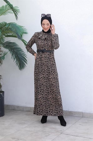 Leopar Desenli Elbise VİZON