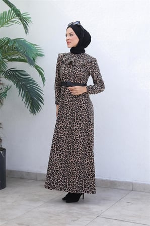 Leopar Desenli Elbise VİZON