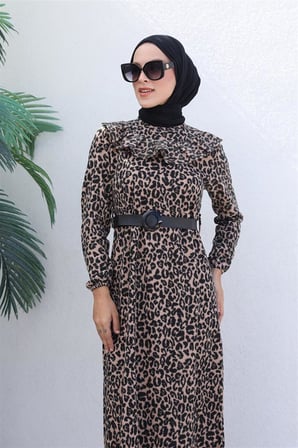 Leopar Desenli Elbise VİZON