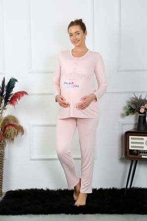 Moda Çizgi Kadın Uzun Kol Hamile Lohusa Pijama Takımı Pudra 45501