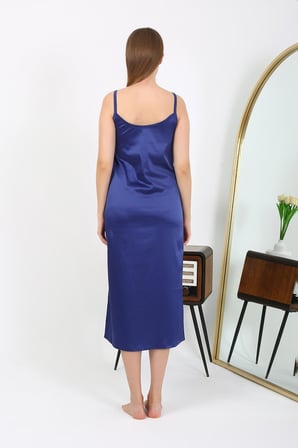 Moda Çizgi Yırtmaçlı Uzun Saten Gecelik Lacivert 7410