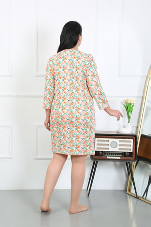 Moda Çizgi Kadın Büyük Beden Penye Gecelik Ev Elbisesi Krem 12507