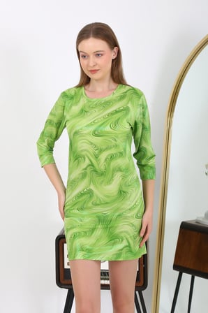 Moda Çizgi Kadın Micro Kumaş Mini Parlak Elbise 7420 Yeşil